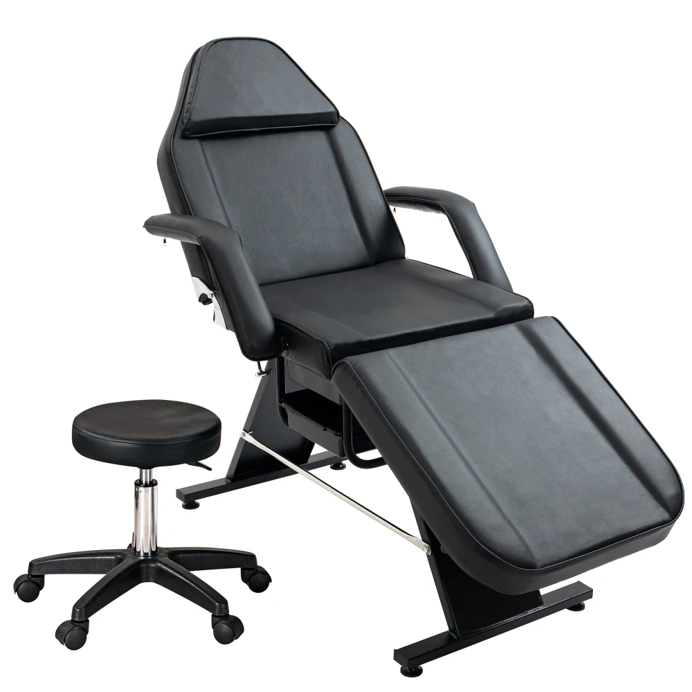 

3-Section Adjustable Black Massage Tattoo Chair w/Trays, Esthetician Bed & Hydraulic Stool