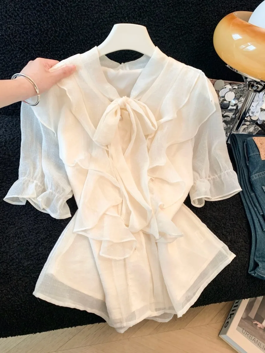 

Летняя блузка с коротким рукавом и кружевной отделкой, женская элегантная сказочная рубашка, легкий кардиган с пышными рукавами из полиэфирного волокна