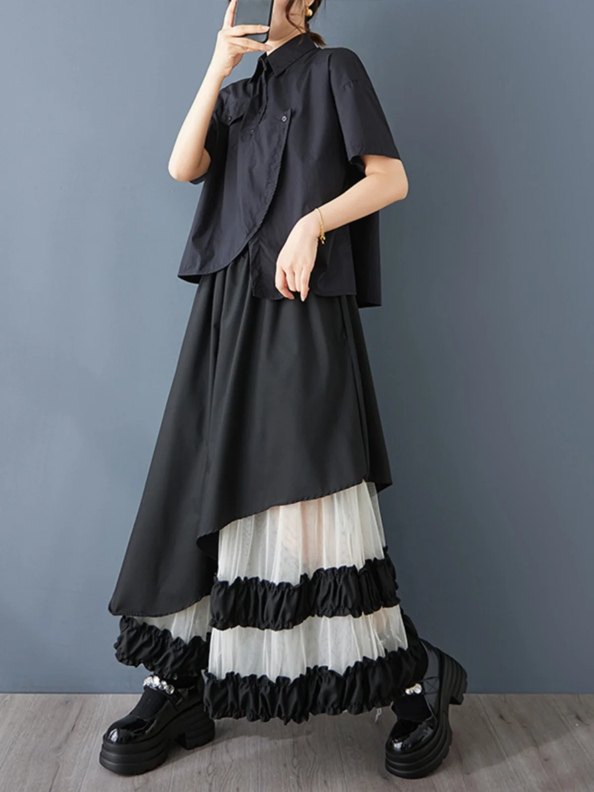 5125 Asymetrical Mesh Patchwork Skirt for Women Spring Fashion Loose Casual High Elastic Waist A-line Dress Female Retro Clothes