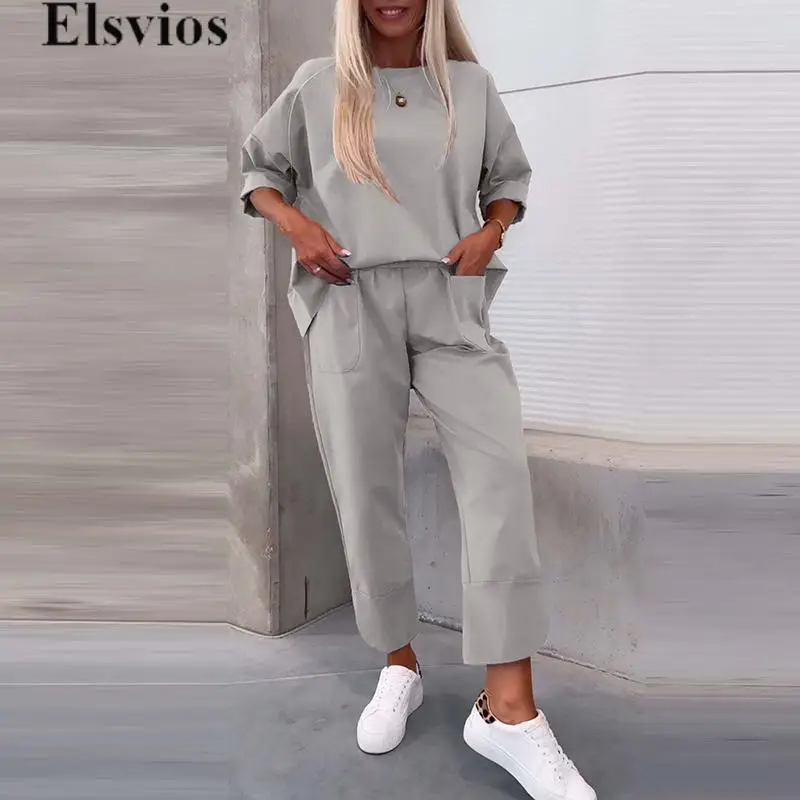 

Winter Two Piece Group Of Pants Tracksuit Women Solid Office Suit 2024 Autumn O-Neck Long Sleeve Blouse Tops& Pocket Pant Set