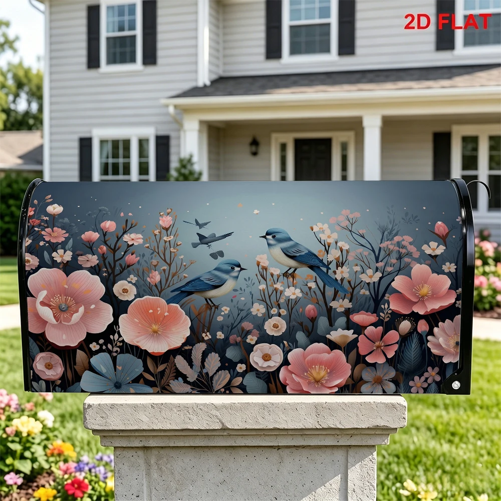 Mailbox Cover with Pink Flowers Blue Birds Pattern Natural Floral Bird Design for Garden