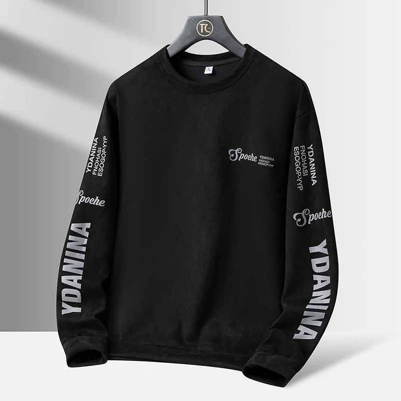 Autumn Suede Sweatshirt Men's Trendy Streetwear Crewneck Long-sleeved Letter Print Warm Pullover Tops Casual Loose Hoodies men