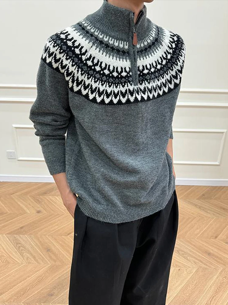 

Мужской свитер на молнии с узором Fair Isle, высоким воротником, осенне-зимний, в американском ретро-стиле, с вышивкой, базовый слой для пар