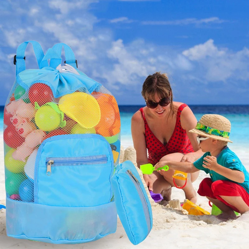 Children Foldable Beach Toy Bag Beach Storage Pouch Tote Mesh Bag Travel Toy Organizer Sundries Net Drawstring Storage Backpack