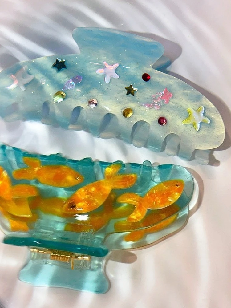 Jolies petites pinces à cheveux en forme de poisson rouge pour femmes et filles, accessoires de coiffure transparents en acétate bleu, pinces à cheveux en forme de poisson Koi, accessoires de cheveux mignons