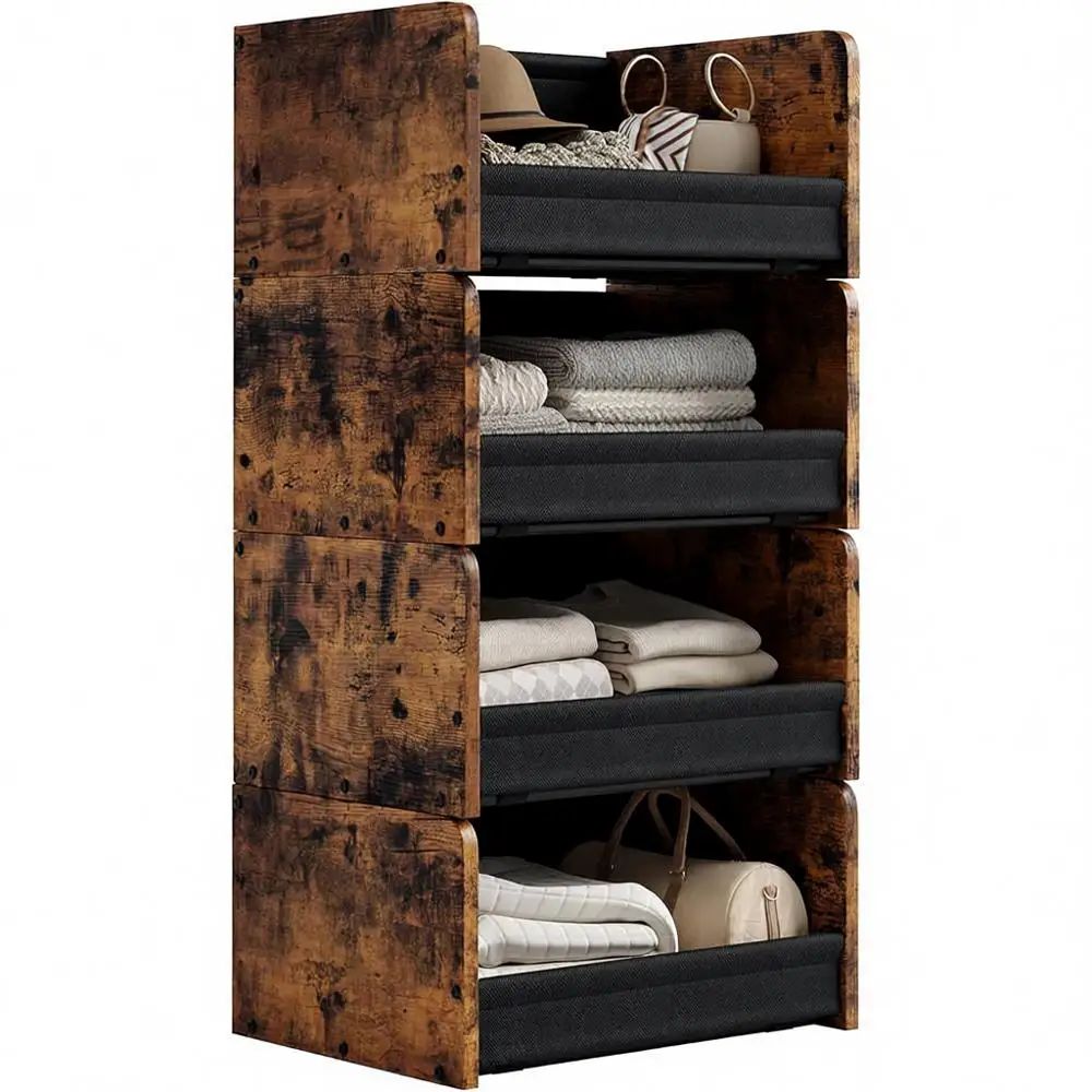 

4-Tier Stackable Closet Organizer, Heavy-Duty Wood & Metal, Easy Assembly, Space-Saving Storage, Bedroom, Closet, Patent Design