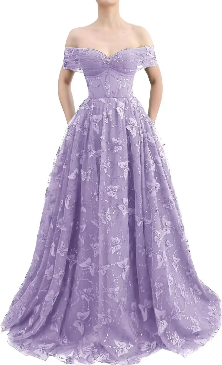 

Luxury Dress Sparkly Off Shoulder Tulle Prom Dresses with Butterfly Appliques Long A Line Formal Evening Party Gowns for Women