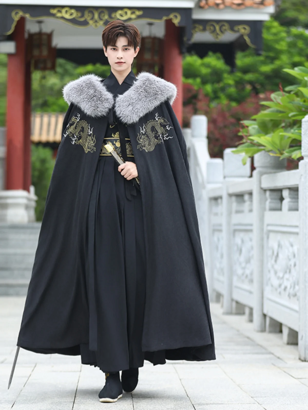 Fato Tang estilo chinês hanfu masculino, gola com capa de veludo, saia de cavalo, artes marciais antigas, outono e inverno