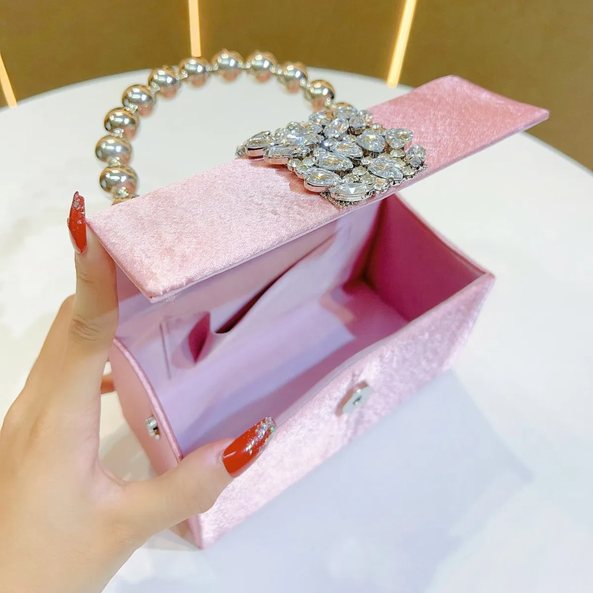 Sparkling Rhinestone Pearl Box Bag Women’s Satin Square Clutch Elegant Handheld Crossbody Purse Fashion Dolly Shoulder Handbag