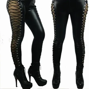 Damen-Leggings aus Kunstleder mit Schnürung, Gothic-Bandage-Leggings, Skinny-Leggings mit Aussparungen, enge Hose – Detail 4