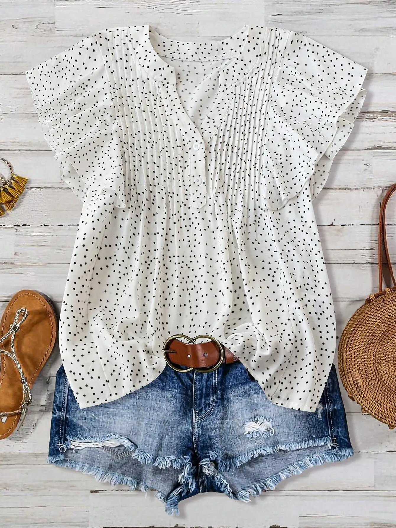

Casual V-Neck Polka Dot Blouse With Ruffle Sleeve Short Top