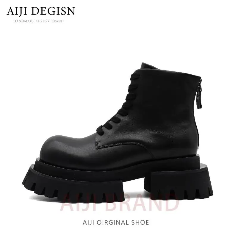 

Vintage Black Round Toe Chelsea Boots Men Shoes Height Increasing Thick Sole Lace Up Derby Ankle Boots Male Work Shoes