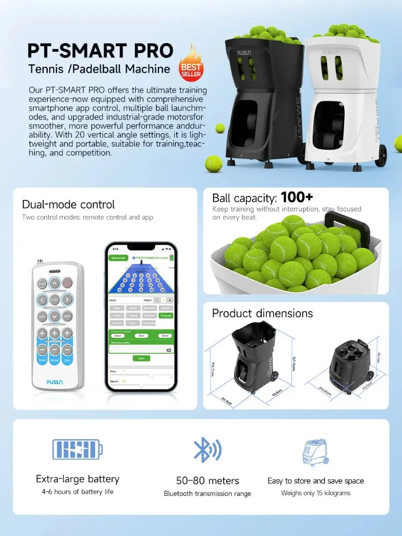 Hot Sale Smart Tennis Ball Machine 100+ Balls Automatic APP Control Tennis Ball Launch Training Shooting Machine 6