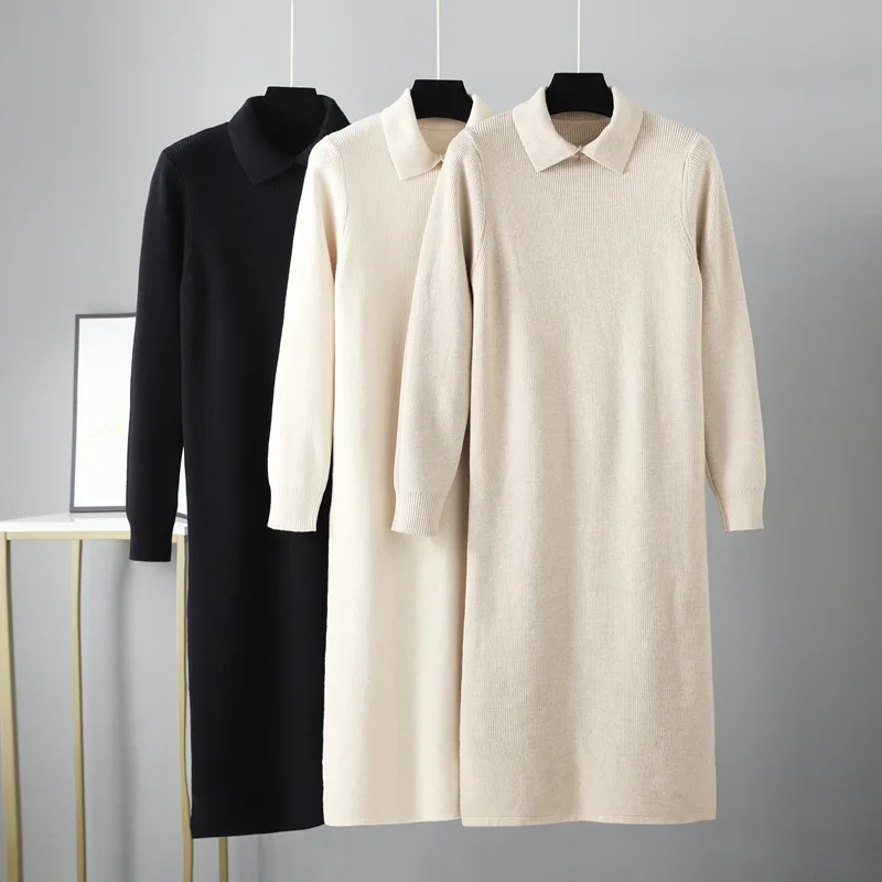 

HLBCBG 2023 Polo Straight Autumn Winter Loose Long Sweater Dresses Women Long Oversize Maix Sweater Dress Female Basic Dresses