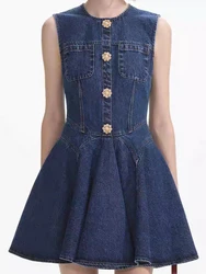 Summer New Fashion Sleeveless Round Neck Denim Dress Women Elegant High Waist A-Line Diamond Button Slim Short Robe Ladies 2024