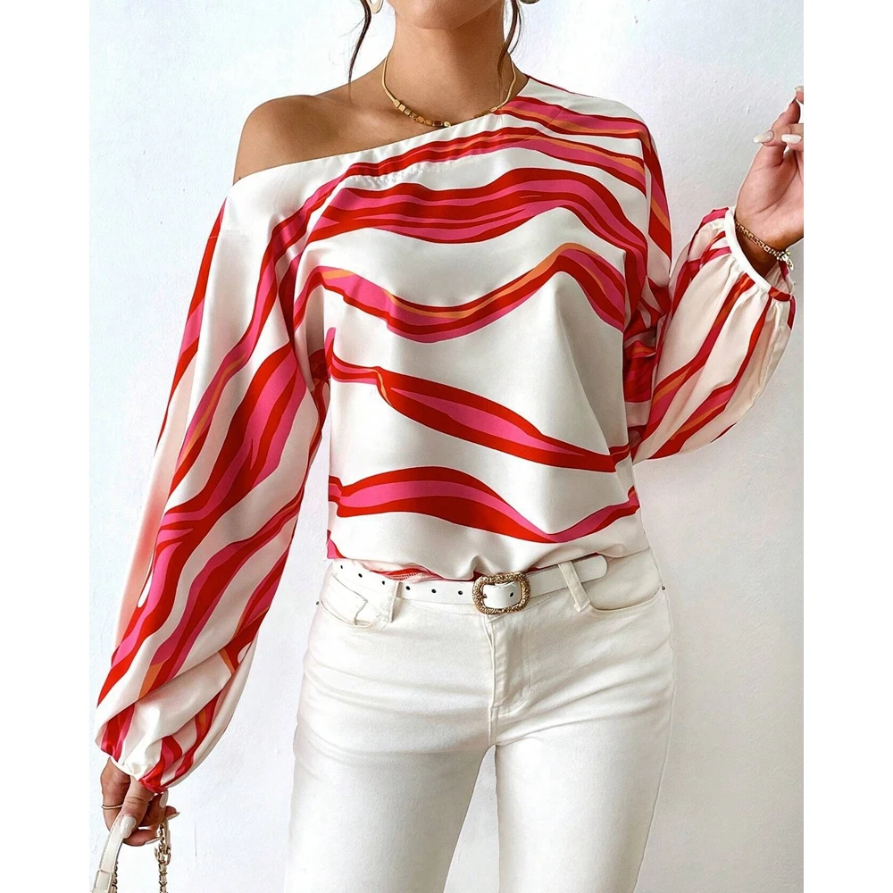 One Shoulder Lantern Sleeve Loose Top Fashion Women Casual Striped Print Long Sleeve Summer Sexy Elegant New In Blouse