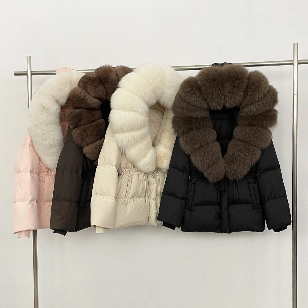 OFTBUY Jaqueta de Pele com Gola de Pele Natural, Casaco Feminino de Inverno com Capuz Quente de Pena de Pato, Casaco Feminino de Pele de Raposa, Jaqueta Puffer Feminina de Pele Natural de Guaxinim
