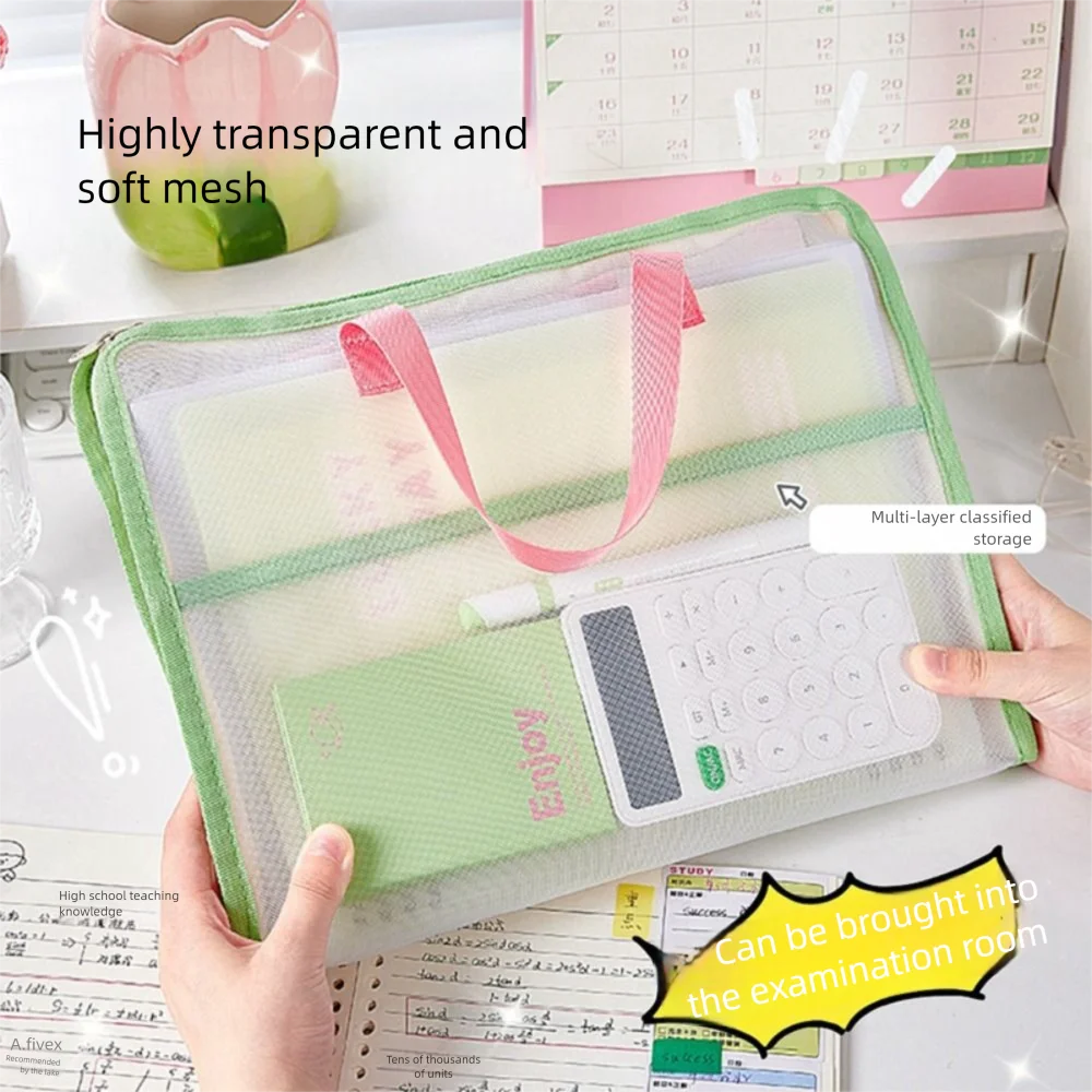 

Candy Color Test Paper Storage Bag Multifunctional 3 Compartments Zipper Mesh Bags Waterproof Handheld Student Tote Bags Travel