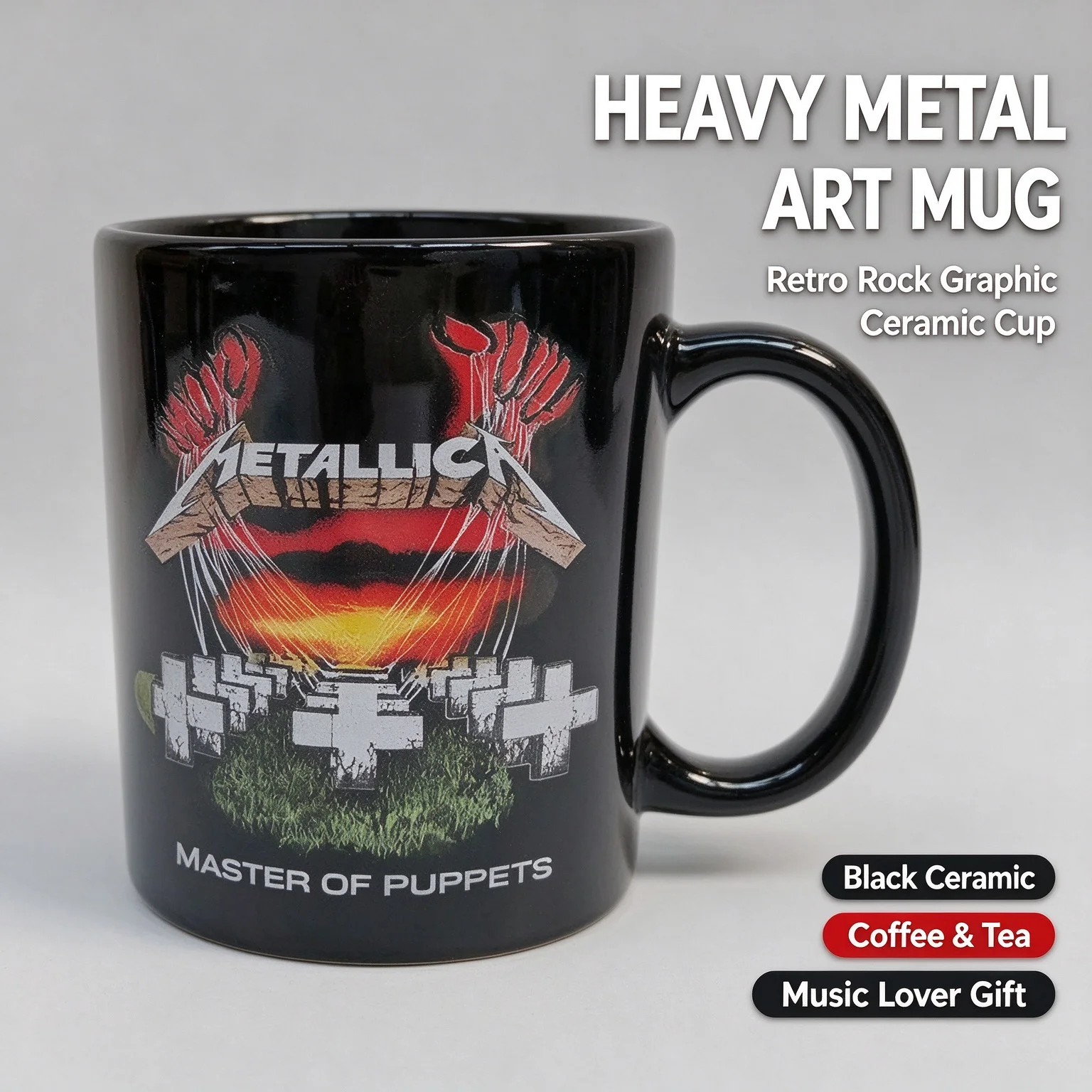 Dark Heavy Metal Graphic Ceramic Coffee Mug, Retro Rock Print Black Cup, Ideal Drinkware for Rock Fans