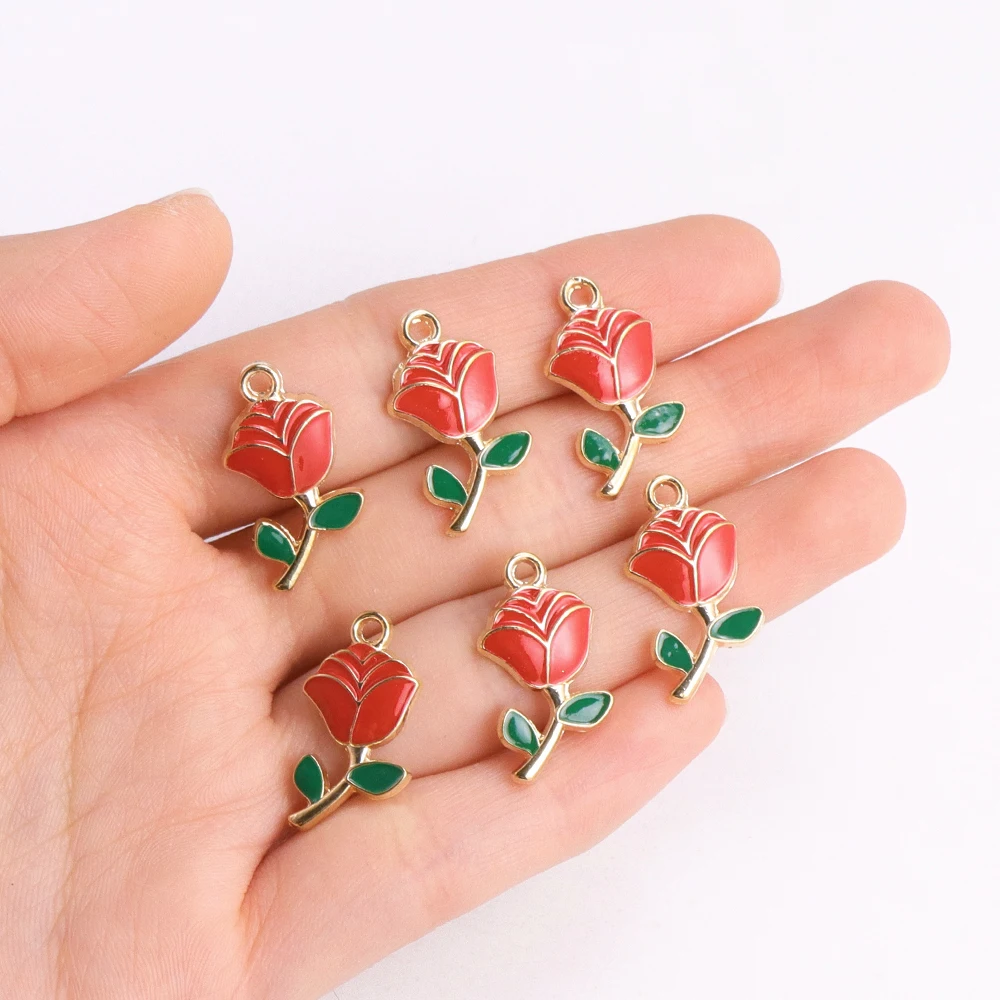 10Pcs Sweet Oil Drip Red Rose Flower Pendant For Necklace Bracelet Valentine's Day Earrings Charm DIY Accessories Craft Supplie