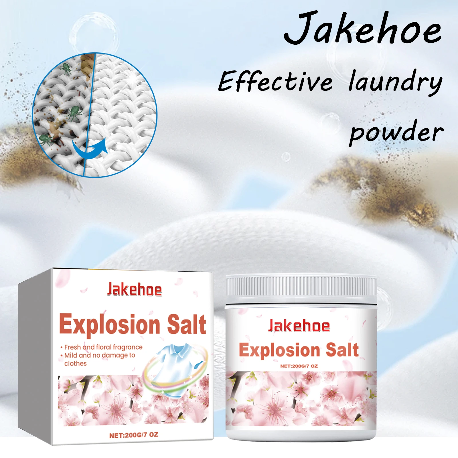 

Jakehoe Цветочный аромат Взрыв стирки Соль Стойкий аромат Ежедневная очистка Масляные пятна Быстрое удаление пятен Порошок для стирки