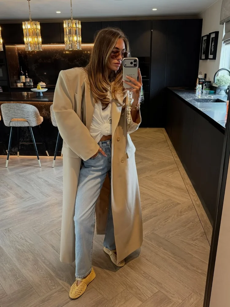 Women Oversized Long Blazer Coat Lapel Double Breasted Maxi Suit Jacket Loose Formal Office Streetwear Autumn Winter Outerwears