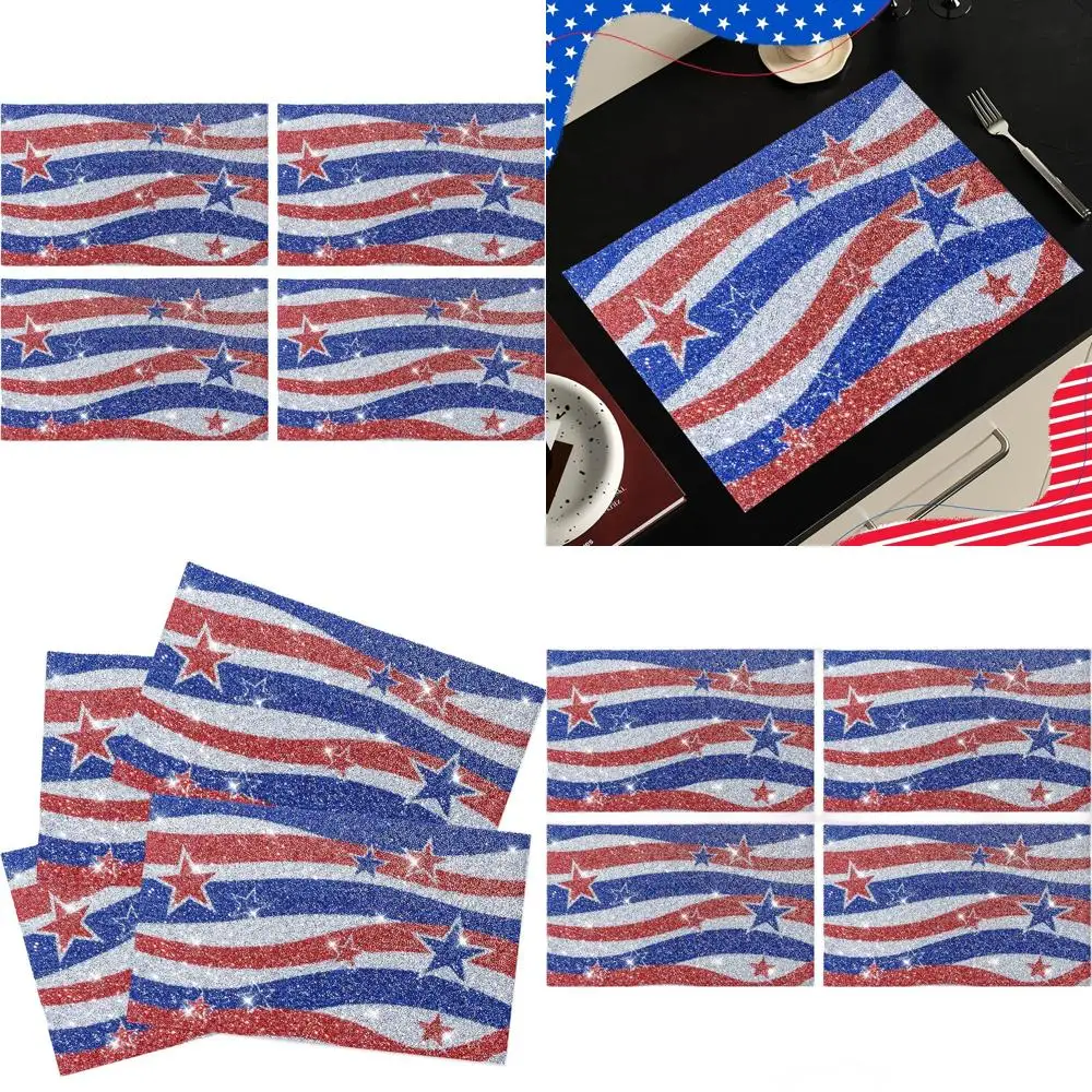 

Patriotic 4th of July Placemats Set of 4 with Red, White, and Blue Stripes and Glitter Rhinestones, 12x18 Inches for Independenc