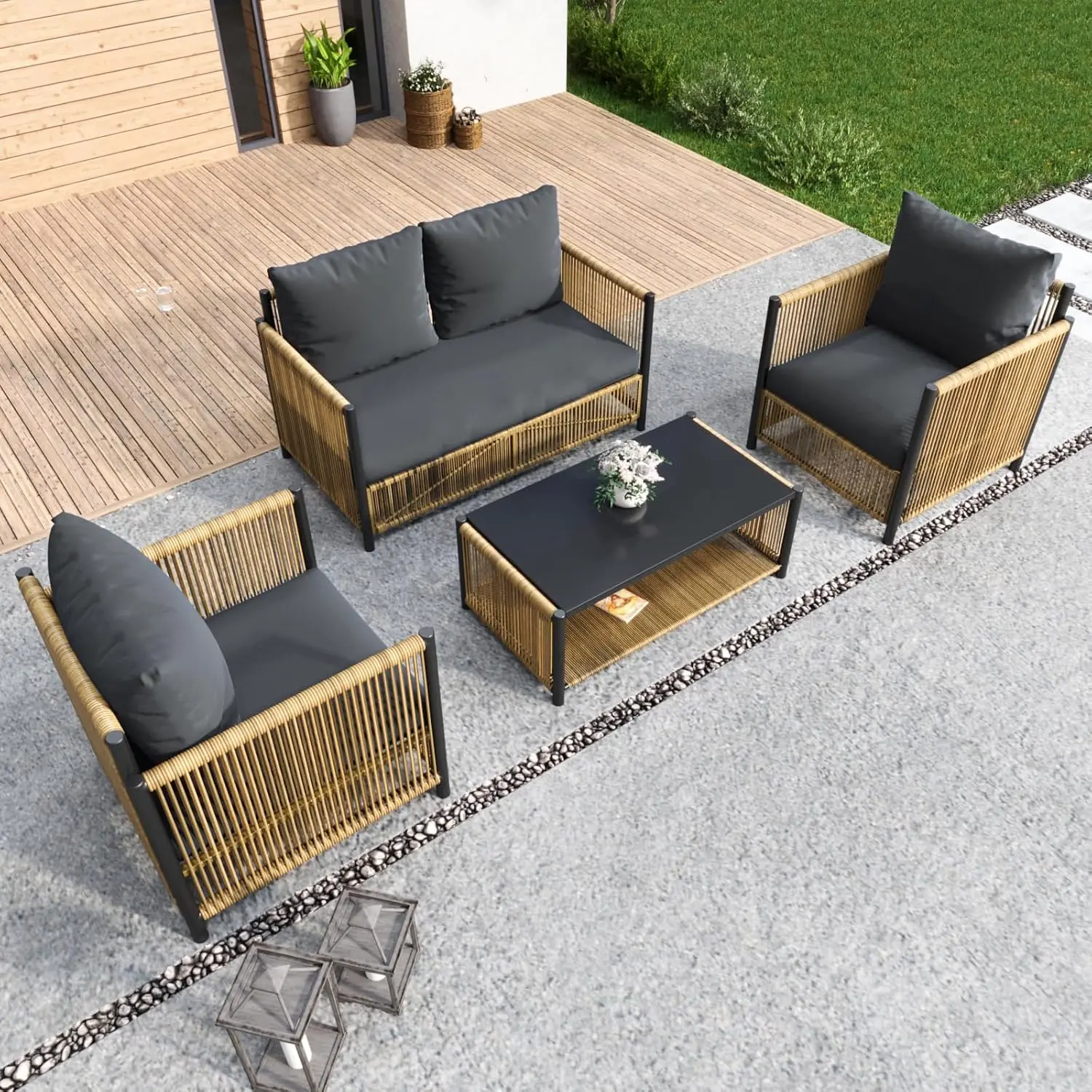 PE Wicker 4pc Patio Sofa Set with Coffee Table & Removable Cushions, All Weather Furniture for Garden, Brown Grey, Customized