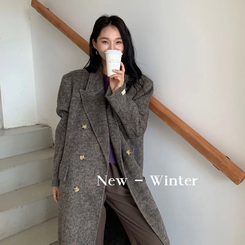 High Quality Long Woolen Cashmere Coat Women Autumn Winter Alpaca Wool Jacket Double Breasted With Scarf Overcoat Off White
