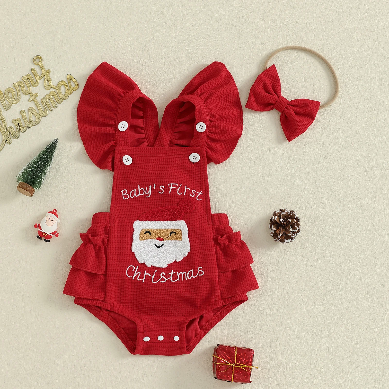 

VISgogo наряд для маленьких девочек на Рождество/Хэллоуин, комбинезон с летающими рукавами и буквенным принтом Санта/Призрака и повязка на голову с бантом, комплект из 2 предметов