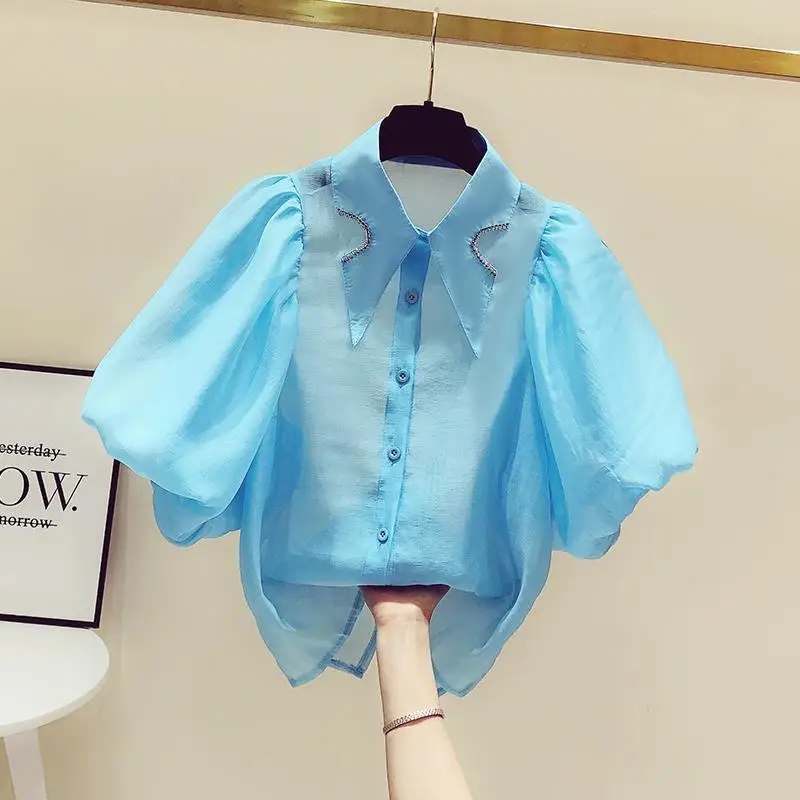 French Style Elegant Puff Sleeve Blouse Fashion Turn-down Collar Chic Diamonds Women's Clothing Summer Single-breasted Shirt New