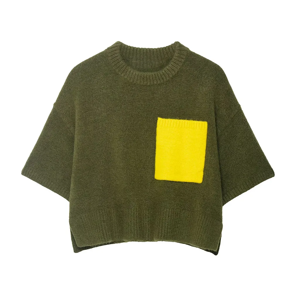 

Woman's Short Sleeve Knit Sweater Round Neck Pocket Decoration Color Blocking Elastic Hem Cropped Pullover Early Autumn Sweater