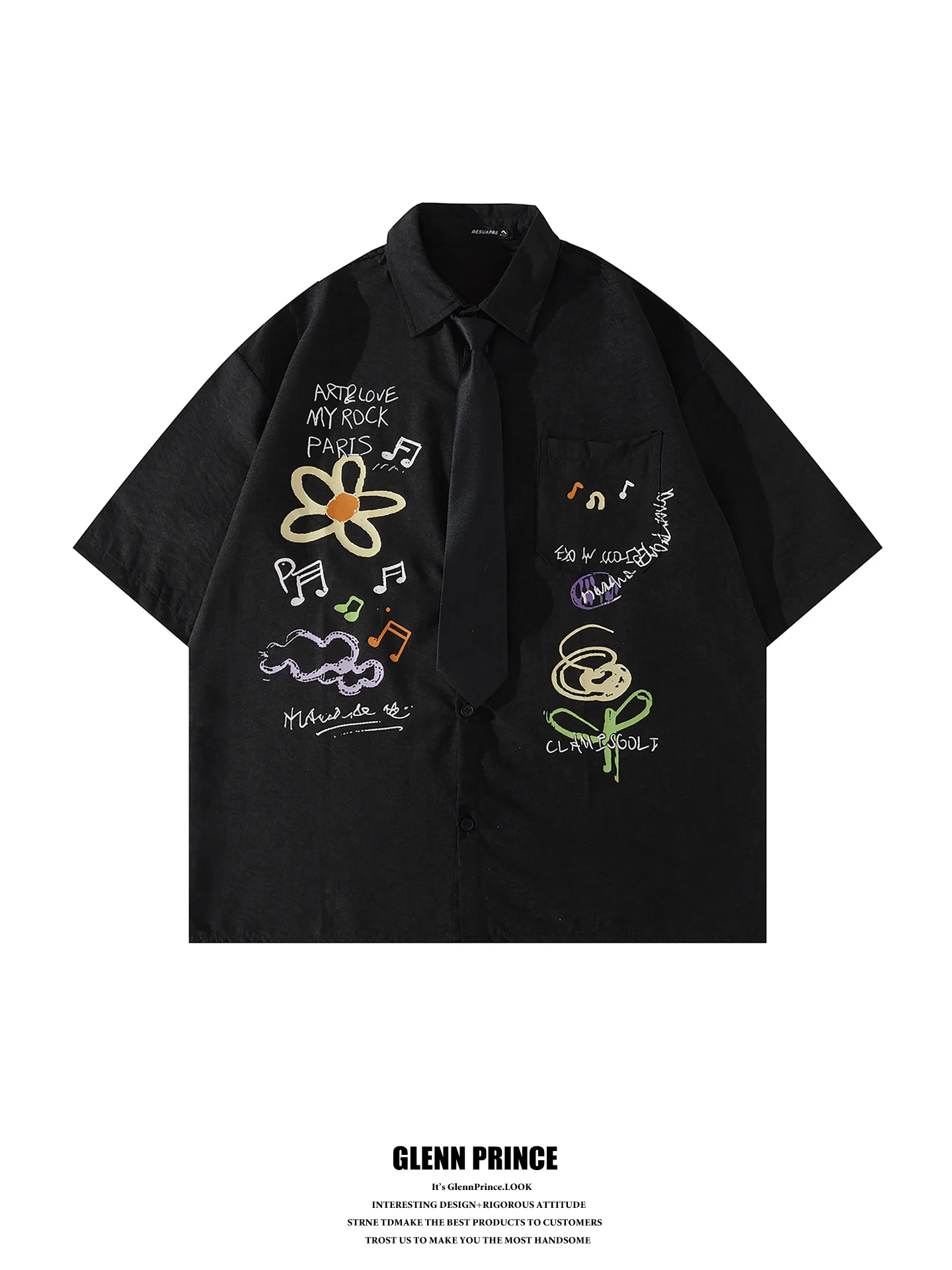 

GPstudio American Graffiti Print Short Sleeve Shirt Men's Summer Casual Tie Shirt Loose Fit Polyester Nylon Youth Fashion
