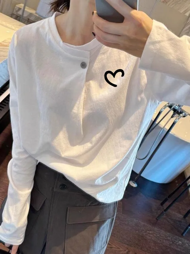 Loose Fit Long Sleeve round Neck Cotton T-Shirt Women's Style Cartoon Print Button up Durable Breathable Moisture Wicking