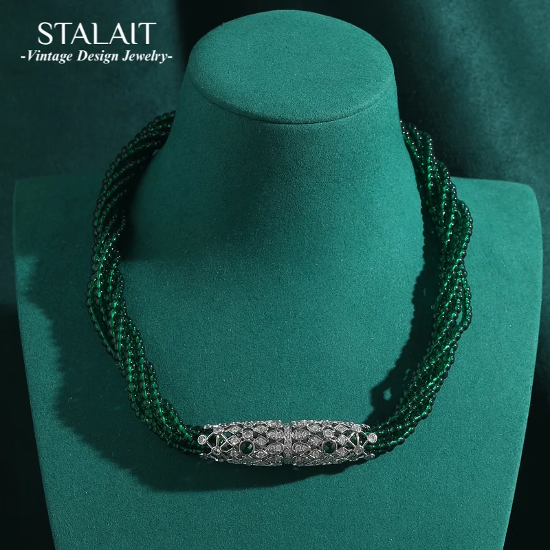 

Vintage Layered Necklaces Woman Emerald Green Glass Beaded Rhinestone Choker Luxury Designer Jewelry Evening Accessories Party