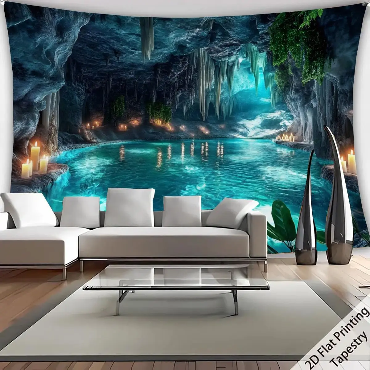 Tapestry Wall Dorm Tapestry Nature Karst Cave Waterfall Sunshine Wonderland Sky Blue Water Landscape Home Backdrop