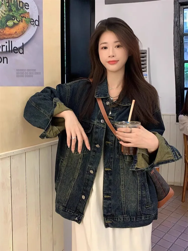 

Retro American Cement ey Denim Jaet Women's Spring Autumn Loose Large Size Faded Long Sve irt Quali Upper Body