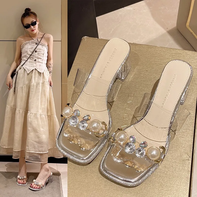 Thick Heels With Open Toe And Pearl Rhinestones For Summer Transparent High Heel Women\'S Sandals And Slippers