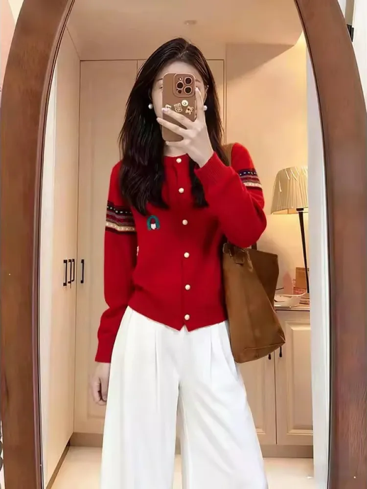 

Loose Fit Knitted round Ne Sweater Coat Casual Sle Winter Outerwear Red Color Anti-Aging Top for Women Spring Season