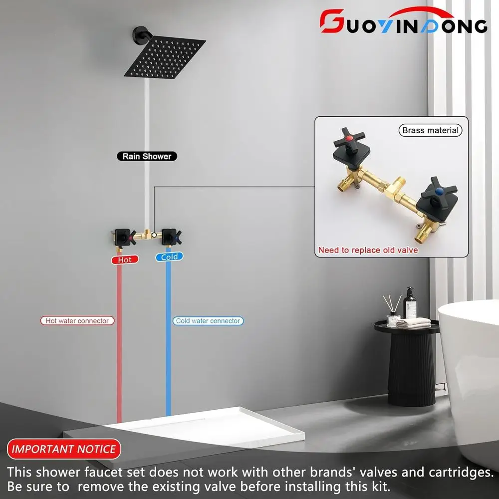 مجموعة صنبور دش بمقبض مزدوج أسود غير لامع مثبت على الحائط مع مقابضين، تركيبات دش كاملة