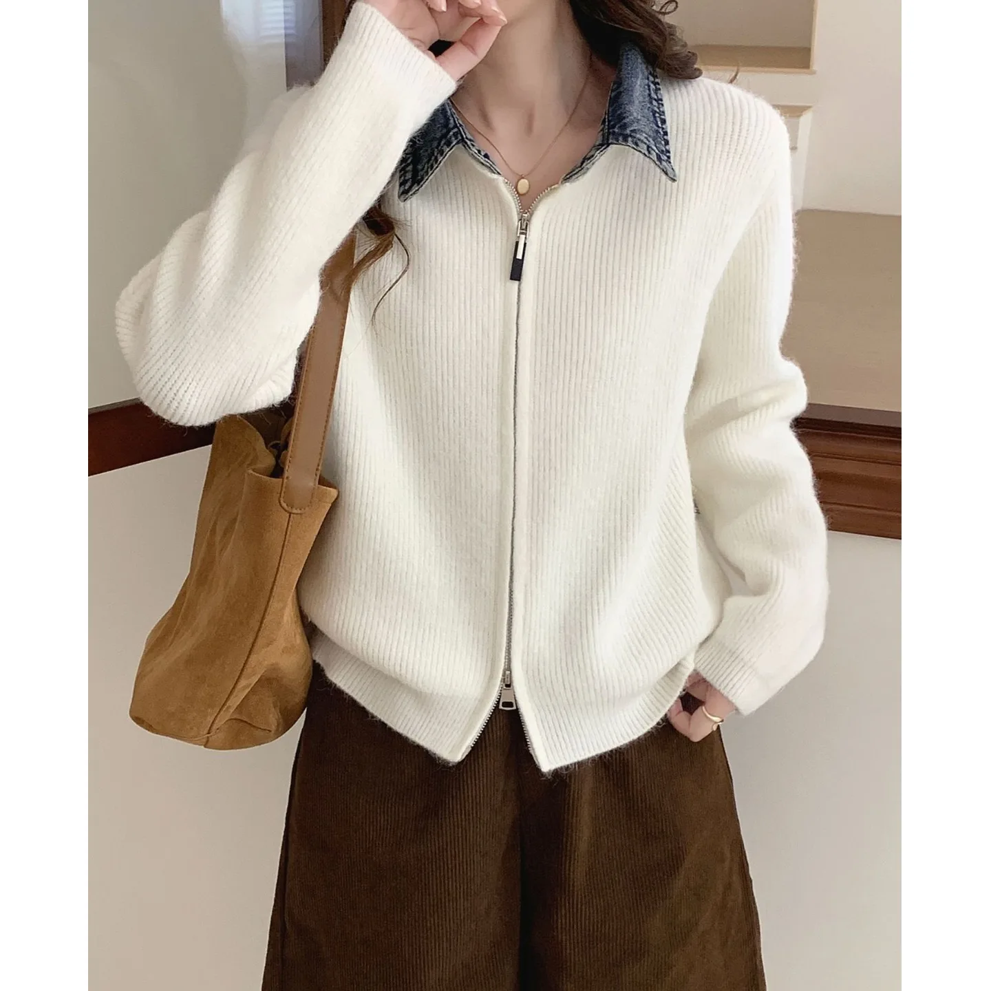 

Loose Knitted Sweater Double Zipper Splice Collar Faionable Anti-Aging Slimming Autumn Winter New Sle Women's Long Sve...