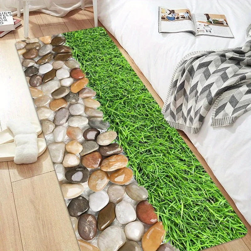 Stylish 3D Green Lawn Pebble Split Themed Long Mat, Non-Slip Washable Durable Rug for Home, Office, Dorm, Apartment & RV