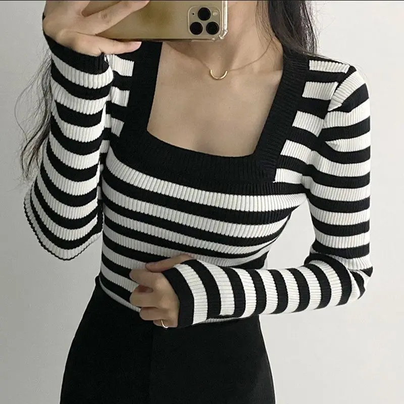 Korean Chic Niche Temperament Square Neck Contrasting Striped Design Slim Fit and Slimming Long Sleeved Pullover Knitted Sweater