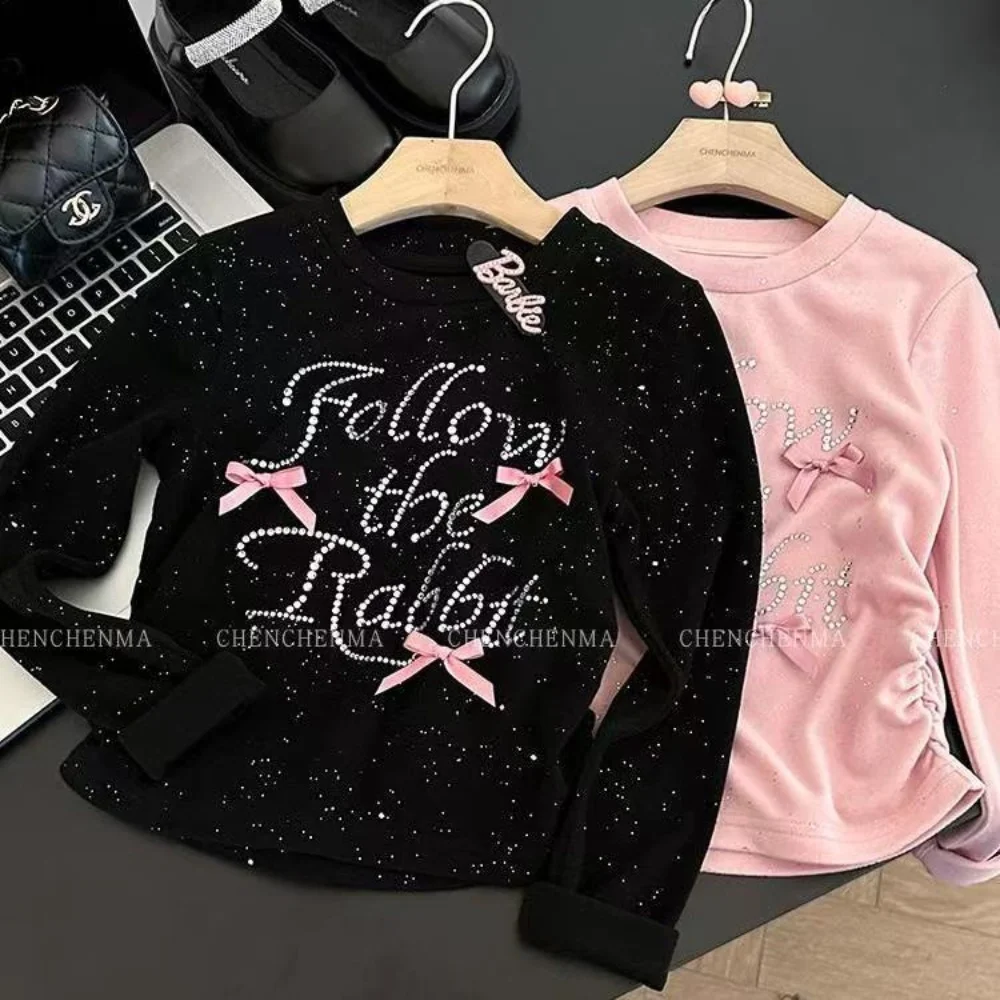 

Girls' Hot Diamond Bow Long Sleeved Base Shirt Autumn 2025 New Korean Style Western-style Base Loose Top 100-150CM