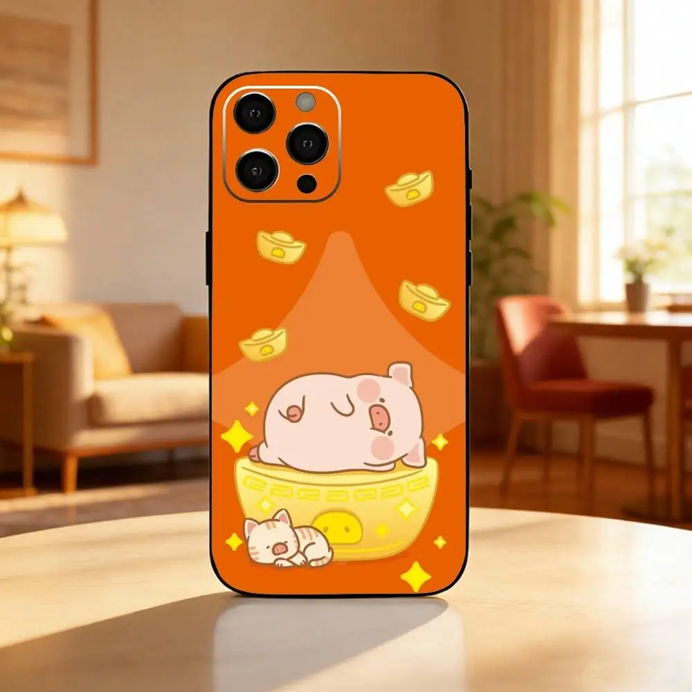 Cartoon LuLu Pig Phone Case For iPhone17,16,15,14,13,12 Plus,Max Soft Silicone Black Cover