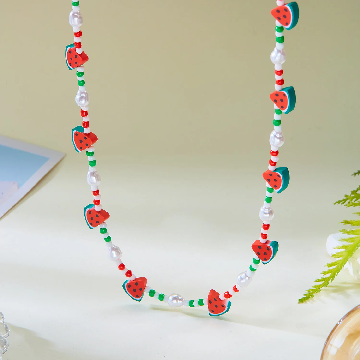 Summer Sweet Watermelon Beaded Choker Necklace for Women Handmade Rice Beads Clavicle Chain Necklace Girls Daily Wear Jewelry