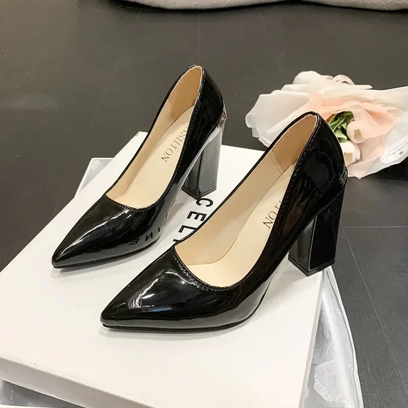 

New Square Heels Pumps Women High Heel Shoes Patent Leather Sexy Wedding Party Official Work Dress Shoes Plus Size 43