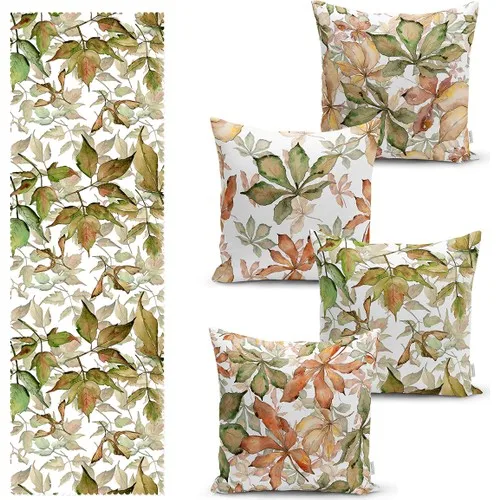 Real Homes Green Tropical Leaf Design 4 Pillow decorate Case and 1 Runner Set