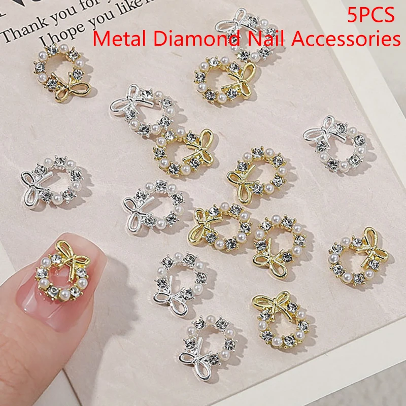 5Pcs Garland Bowknot Pearl Zircon Nail Art Charms Rhinestone Christmas Wreath Design Crystals Jewelry Nail Art Decoration