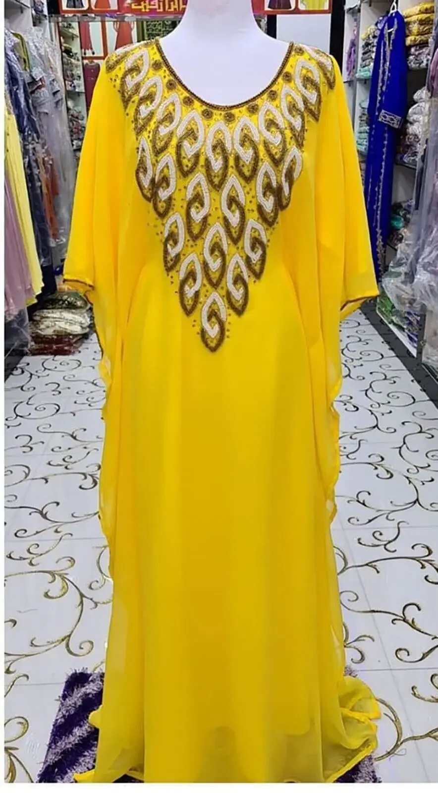 

Luxury Caftan Round Neck Dubai Kraftan Gown Embroiled Stickers Abaya Floral Long Dress